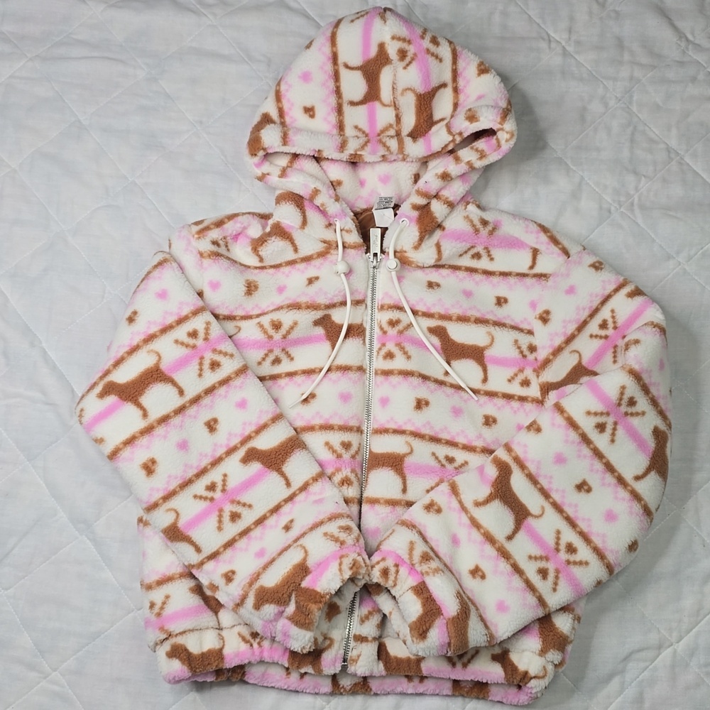 Pink Victoria's Secret Plush Teddy Hooded Bomber Jacket Sz Small NWT - Picture 3 of 4